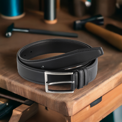 a black belt sitting on top of a wooden table