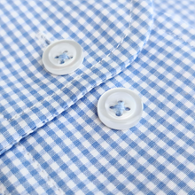 a close up of a blue and white checkered shirt