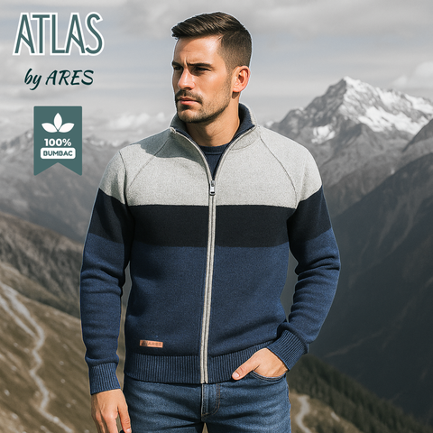 Pulover cu fermoar Ares - ATLAS - Gri cu bleumarin și albastru