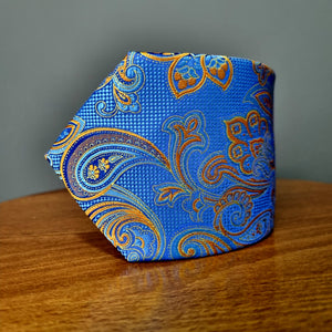 Cravată Grazzie Filipeti - Albastru, bleumarin și muștar - Model Paisley