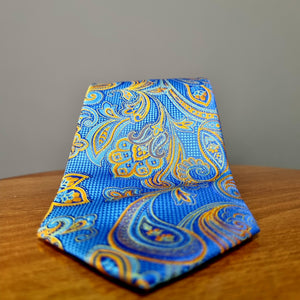 Cravată Grazzie Filipeti - Albastru, bleumarin și muștar - Model Paisley