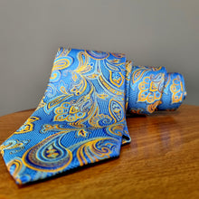 Cravată Grazzie Filipeti - Albastru, bleumarin și muștar - Model Paisley