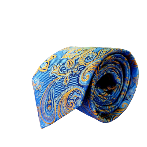 Cravată Grazzie Filipeti - Albastru, bleumarin și muștar - Model Paisley