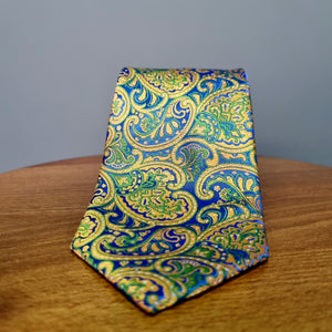 Cravată Grazzie Filipeti - Albastru, muștar și verde - Model Paisley