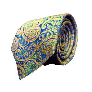 Cravată Grazzie Filipeti - Albastru, muștar și verde - Model Paisley