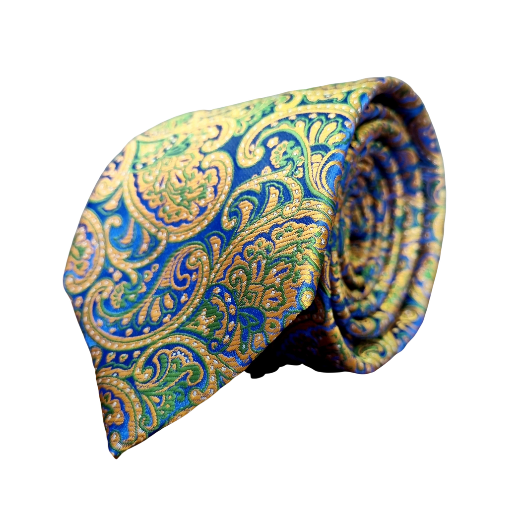 Cravată Grazzie Filipeti - Albastru, muștar și verde - Model Paisley