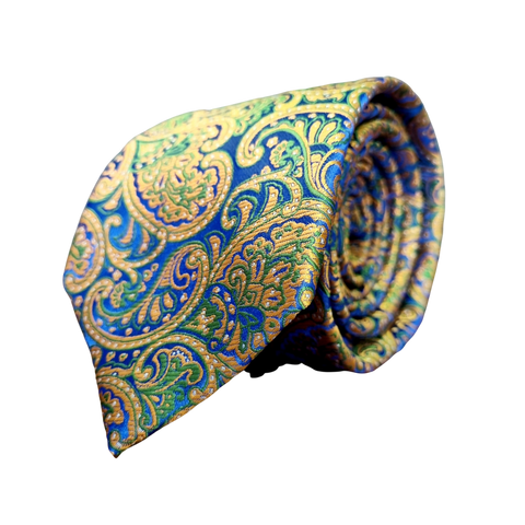 Cravată Grazzie Filipeti - Albastru, muștar și verde - Model Paisley