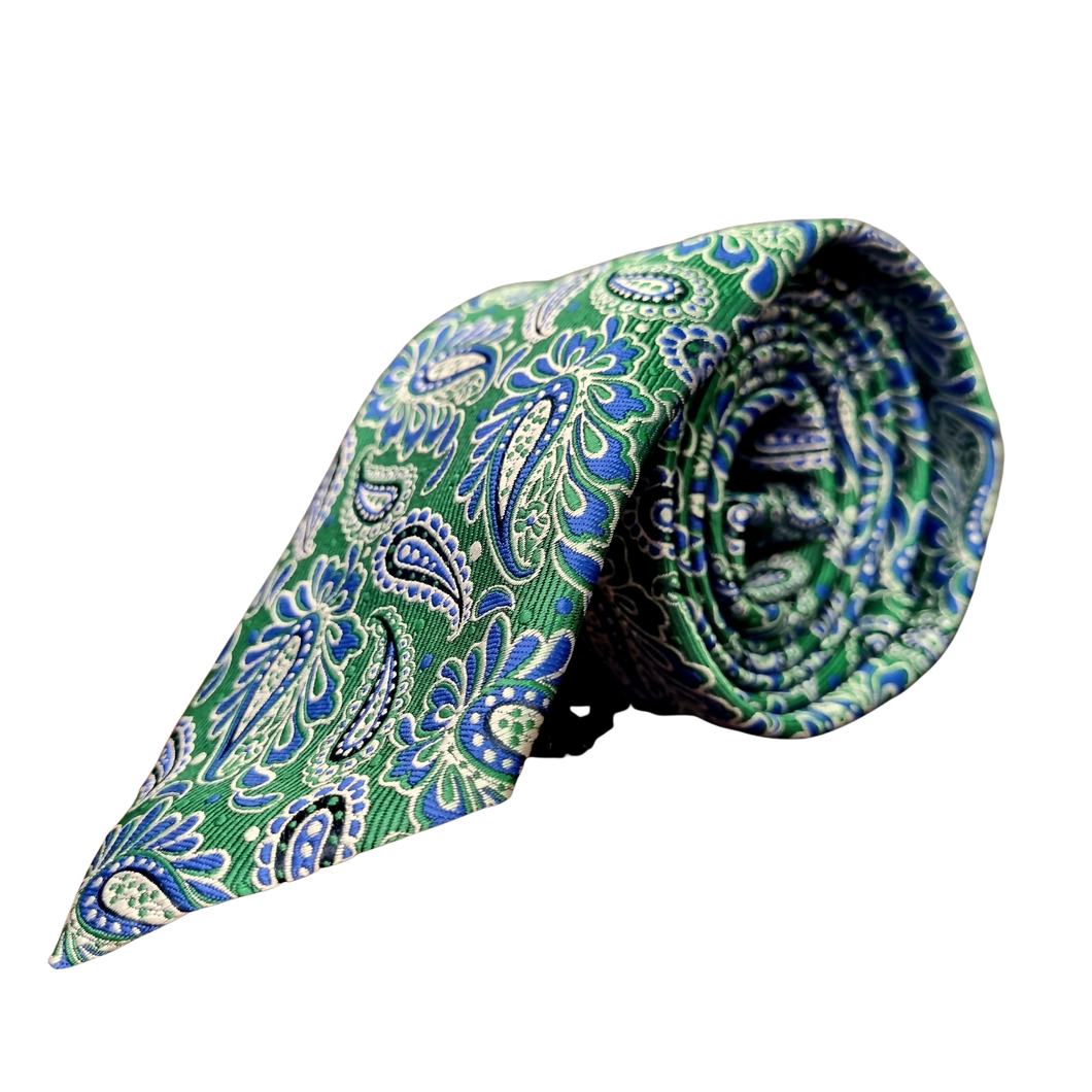 Cravată Grazzie Filipeti - Verde, bleumarin și bej - Model Paisley