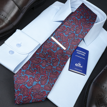 a red tie with a blue and white paisley pattern
