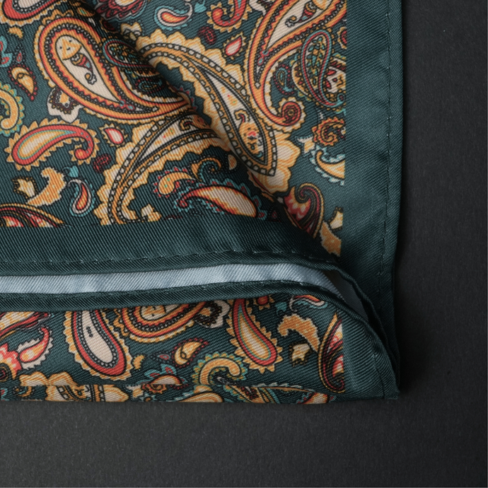 Batistă de buzunar - Verde cu galben și roșu - Model Paisley - M3