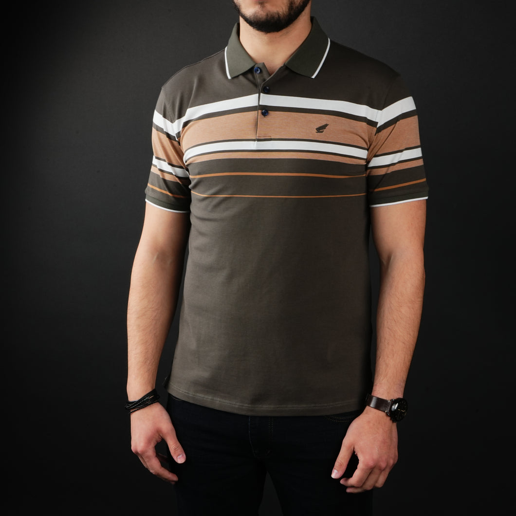 Tricou Polo pentru bărbați - Ares - Harvey - Kaki cu alb și cărămiziu