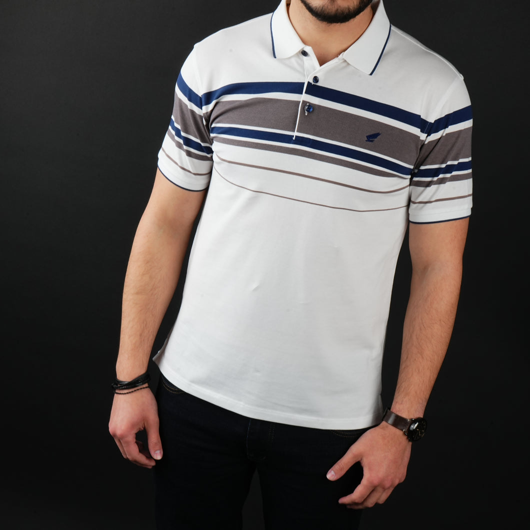 Tricou Polo pentru bărbați - Ares - Harvey - Alb cu bleumarin și maro