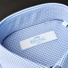 a close up of a blue and white checkered shirt