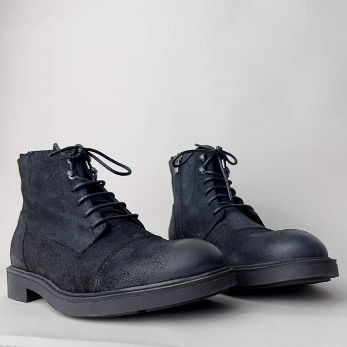 Ghete vintage din piele naturală velur - Gary - Negru - WAX Effect