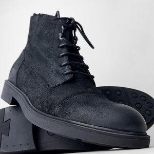 Ghete vintage din piele naturală velur - Gary - Negru - WAX Effect