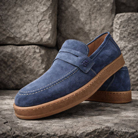 Pantofi bărbătești din piele - DeVille - Bleumarin - Velur