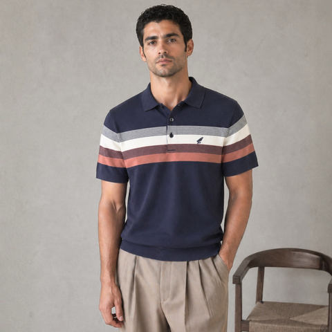 Tricou Polo pentru bărbați - ARES - CAPRI - Bleumarin cu bej și cărămiziu
