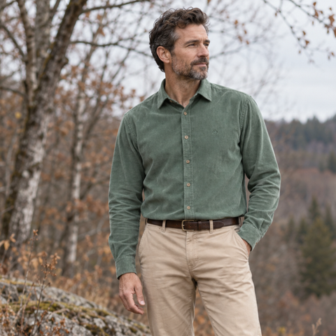 Cămașă din raiat fin - ZENMAN RoyalTOUCH™ - Corduroy EDITION - Verde Salvie