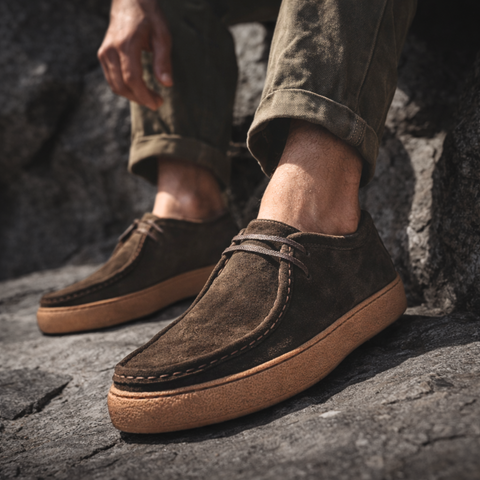Pantofi bărbătești din piele - Folk - Maro ciocolată velur