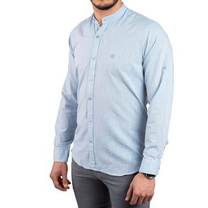 Cămașă bărbătească din bumbac cu aspect de in - Basil - Slim Fit - Bleu