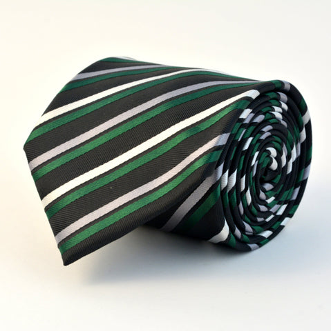 Cravata Ares -Neagră cu dungi verzi, albe și gri