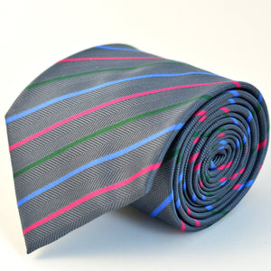 Cravata Ares -Gri cu dungi în nuanță de roz, verde și bleu