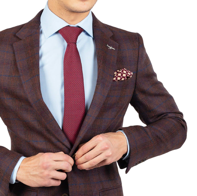Sacou Confex - Slim-Fit - Maro ciocolata cu carouri albastre